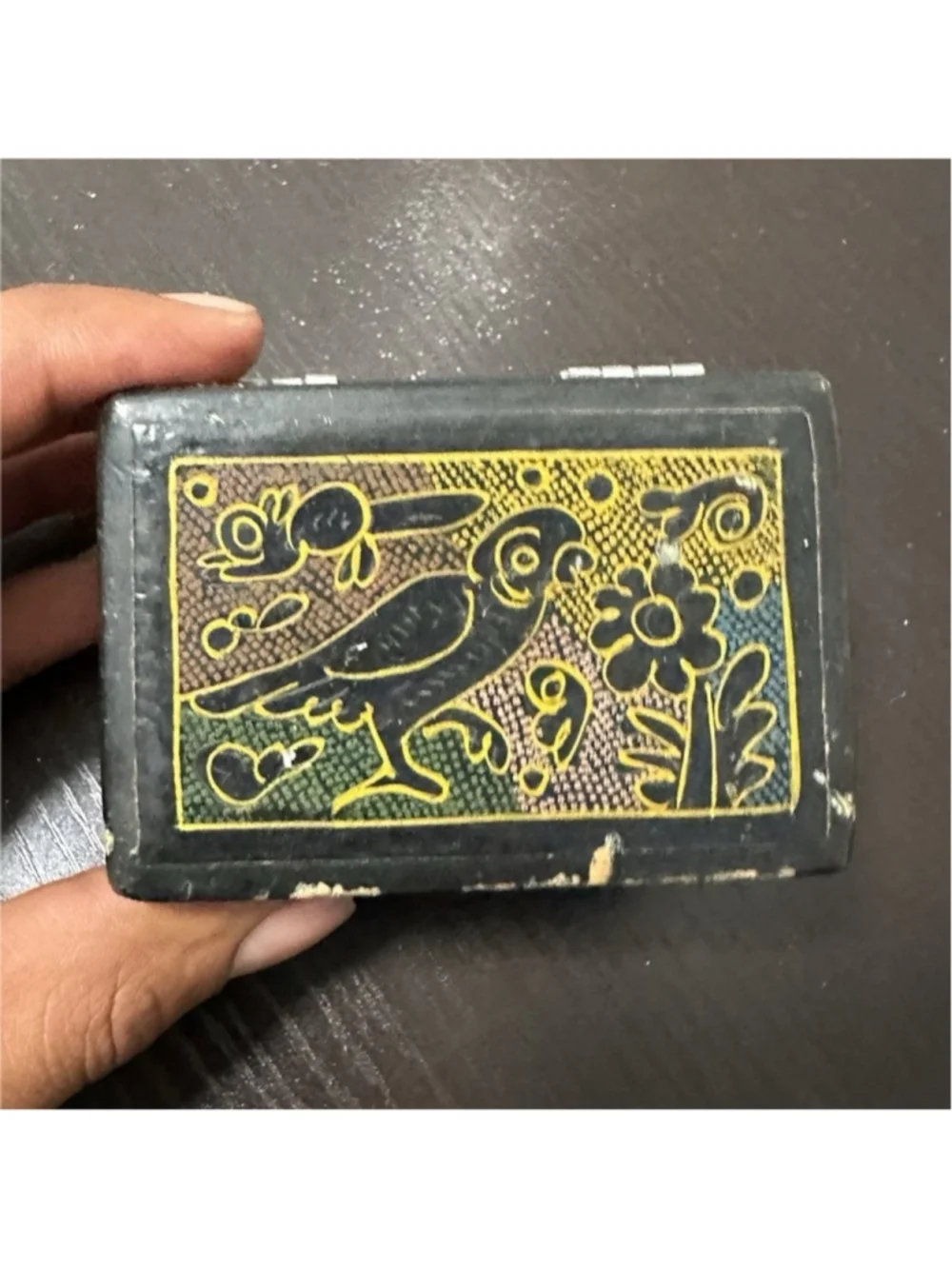 Small Wooden & Metal Trinket Box, Hinged Lid, Bird Pattern, Black/Gold/Red